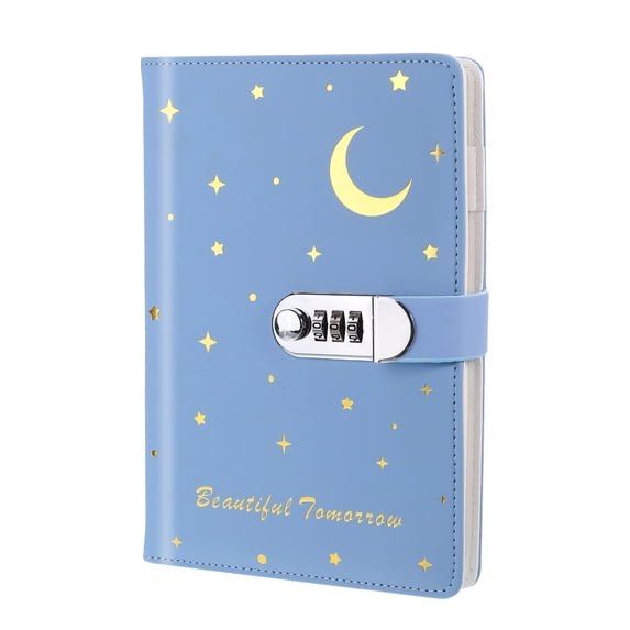A5 Diary with Lock, Journal with Lock Cute Journaling Leather Notebook Journal Stars Moon Diary, Blue