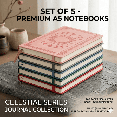 A5 Faux Leather Journal Notebook 5-Pack, Solar System Embossed Lined Diary with Elastic Band & Ribbon Bookmark, 80GSM 100 Sheets Ruled Notebooks for Office, Business and Personal Notes, 5 Colors