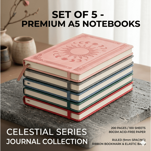 A5 Faux Leather Journal Notebook 5-Pack, Solar System Embossed Lined Diary with Elastic Band & Ribbon Bookmark, 80GSM 100 Sheets Ruled Notebooks for Office, Business and Personal Notes, 5 Colors