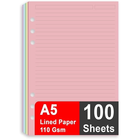 A5 Filler Paper, 6 Hole Notebook Refills Paper for 6 Ring Refillable Binder, 110 Gsm 5-Color Loose Leaf Planner Refill Paper, 100 Sheets/200 Pages, 5.7x8.3 Inch