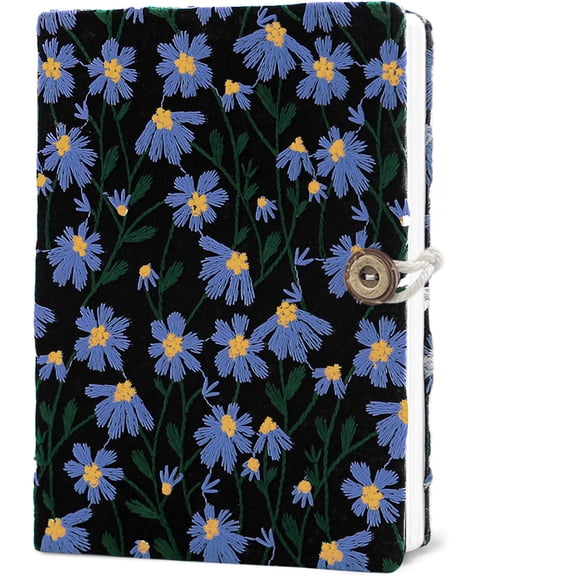 A5 Floral Embroidered Fabric Notebook - Daisy Blank Journal with Snap Closure, Travel Stamp Book for Students, Work Notes & Personal Diary