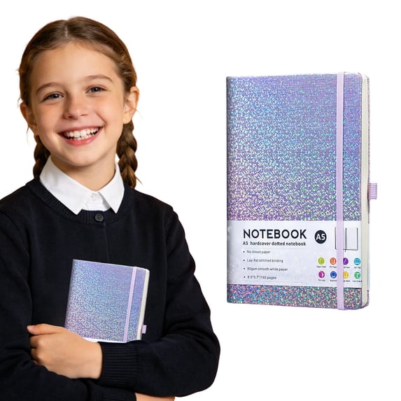 A5 Glitter Hardcover Dotted Notebook, 8.5x5.7 Inch Lined Journal Notebook, Lay-Flat Binding Elastic Band & Pen Loop, 192 Pages, 80 GSM Thick Paper, Purple Sparkle Cover for Office & Daily Use