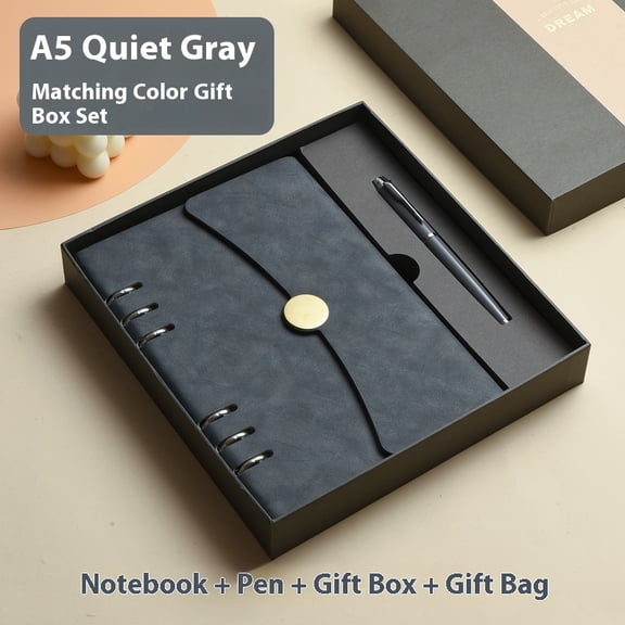 A5 Grey Business Office Student PU Leather Metal Binder Hardcover Spiral Refillable 6 Ring Journal Personal Planner Notebook