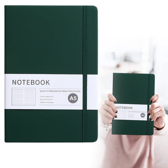 A5 Hardcover Leather Notebook With Wide Ruled Pages And Lay-Flat Design For Work Journaling - Dark Green