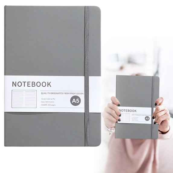 A5 Hardcover Leather Notebook With Wide Ruled Pages And Lay-Flat Design For Work Journaling - Gray