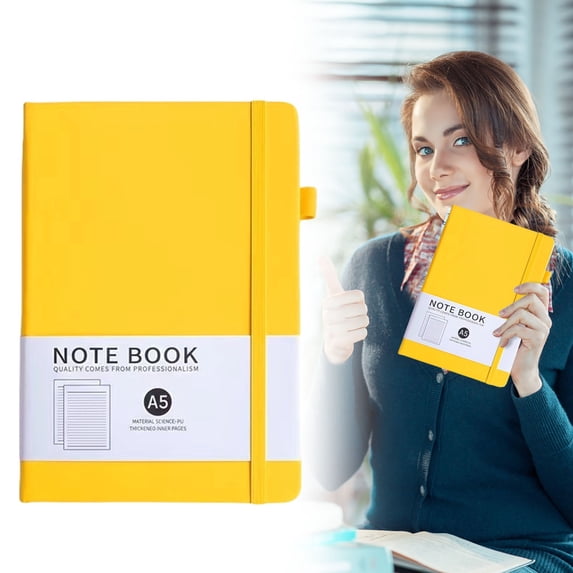 A5 Hardcover Lined Journal, 200 Pages Yellow Pu Leather Notebook with Elastic Strap, Bright Writing Book for Creative Thinking and Planning