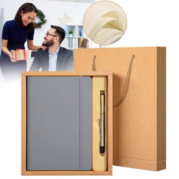 A5 Hardcover Notebook with Pen Set, Thickened Daily Journal & Metal Pen in Gift Box, 100 Sheets, Strap Bound Notebook with Pen Combo for Business, Office, Home & Special Occasions, Grey