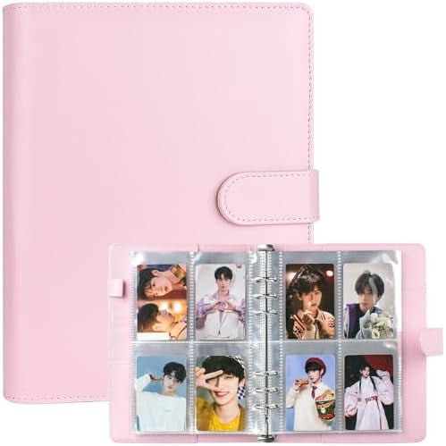 A5 Kpop Photocard Binder, 6 Ring Binder Album with 200 Card Slots, PU Leather Binder Cover with Magnetic Buckle Closure for Organizing Trading Cards - Pink