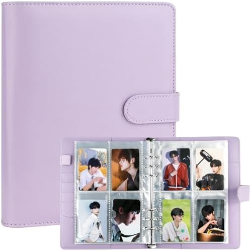 A5 Kpop Photocard Binder, 6 Ring Binder Album with 200 Card Slots, PU Leather Binder Cover with Magnetic Buckle Closure for Organizing Trading Cards (Purple)