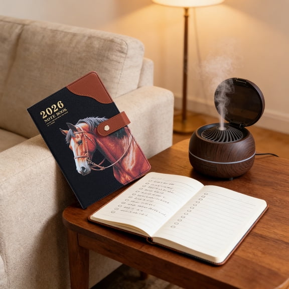 A5 Lined Leather Journal Notebook, 2026 Horse Pattern PU Notebook with Snap Buckle Closure, Portable Diary Office School Writing Stationery, Coffee