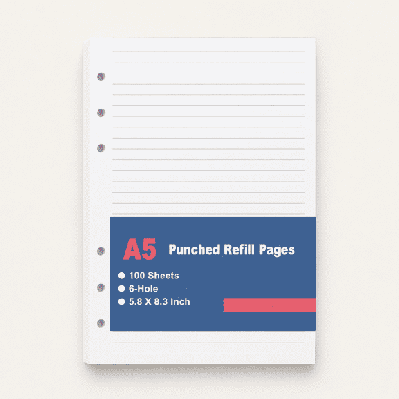 A5 Lined Paper Refill, 6 Hole Notebook Refills Paper for 6 Ring Refillable Binder, A5 Filler Paper, Loose Leaf Paper for Filofax Planner Refills, Organizer, 100 Sheets/200 Pages