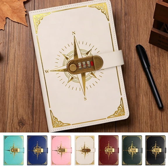 A5 Lockable Journal with Combination Lock, Vintage Compass Pattern Notebook, Faux Leather Diary with Bookmark & Pen Loop, Secure Personal Journal for Secrets & Planning, Green