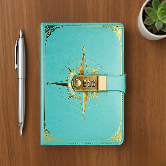 A5 Lockable Password Journal with Combination Lock, Vintage Compass Embossed Faux Leather Notebook, Bleed Resistant Paper Ribbon Bookmark Pen Holder for Diary Planner Notes,Mint Green