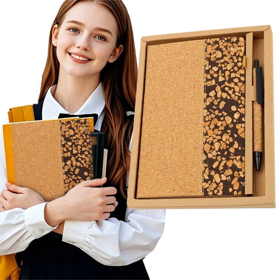 A5 Natural Cork Notebook with Pen Premium Boxed Stationery Gift Set Textured Lightweight Cork Cover Journal Eco-Friendly Sustainable PU Journal Portable Writing Notebook Elastic Closure & Bookmark