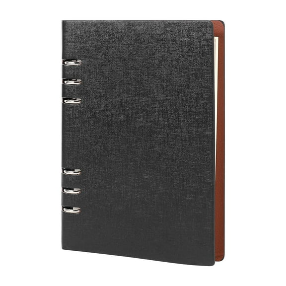 A5 Notebook 6 Holes PU Leather Cover Loose Pocket Refillable Binder Rings Journal (Black)