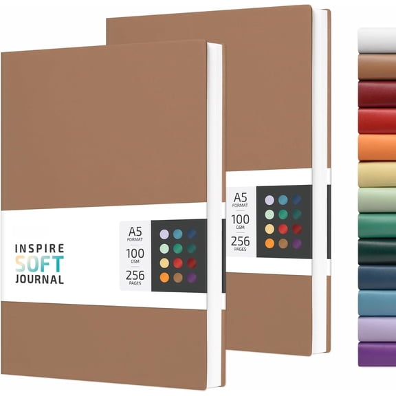 A5 Notebook Soft Cover Journal Lined, Medium Softcover Notebook Vegan Leather Journals for Men Women Writing, Ruled Thick Paper Flexible Junk Diary 256 Pages 2-Pack (Camel Brown)