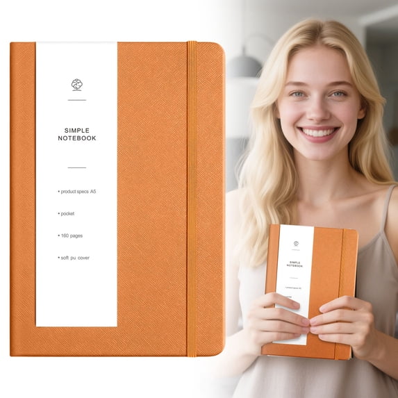 A5 PU Leather Journal Mist Texture 80 Sheets Lined Notebook with Waistband and Strap Orange 1 Notebook