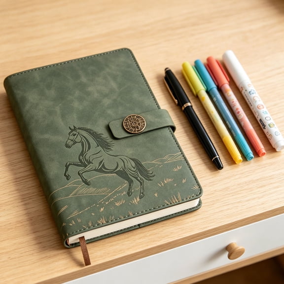 A5 PU Leather Notebook - Lined Journal with Gold Foil Horse Embossed Cover - Metal Buckle Closure - Thick 80-Sheet Writing Diary - Matcha Green
