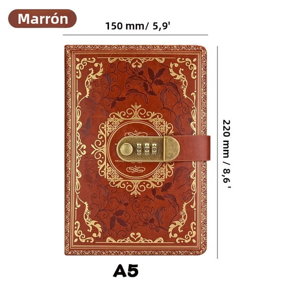 A5 Password Lock Diary, Retro Digital Lock Notebook for Men Women, PU Leather Journal with 100 Pages, Private Notebook