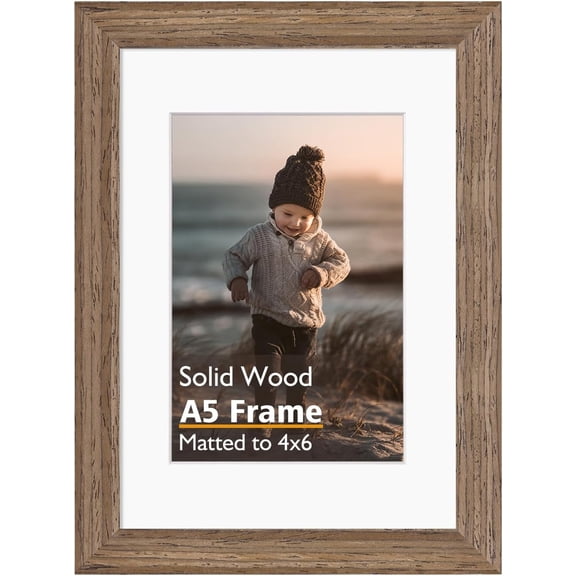A5 Picture Frame, Brown Wood Solid Wood Frame with Acrylic Plexiglass for Pictures 4x6 with Mat or A5 without Mat, Tabletop and Wall Mounting Display Photo Frame 1 Pack