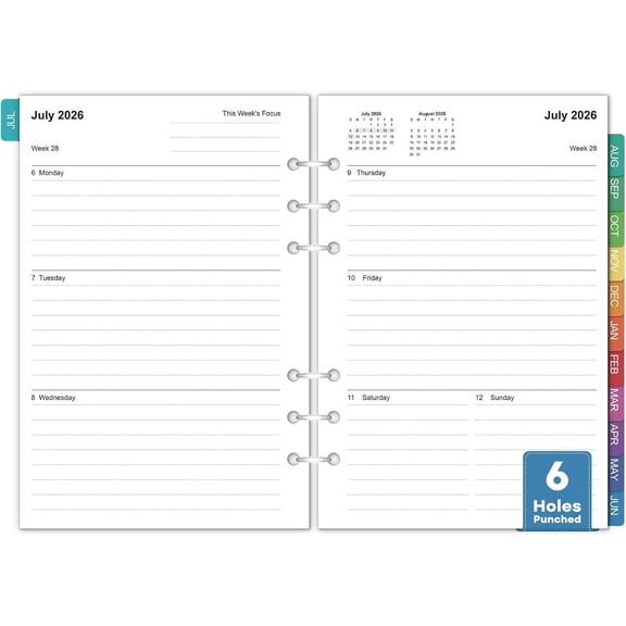 A5 Planner Inserts 2026-2027 - Weekly & Monthly Planner Refills for 6-Ring Binders, Jul 2026 - Jun 2027, 100gsm Thick Paper, 6-Hole Punched Calendar Inserts with Colorful Tabs, 5.5" x 8.3"