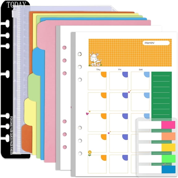 A5 Planner Inserts Monthly Planner Refills, 90 Pages Colorful 6-Ring Loose-leaf Monthly Binder Paper w/Divider, PVC Pouch, Ruler, Index Tab for Journal, Filofax, Double-sided, Undated,8.3x5.6"