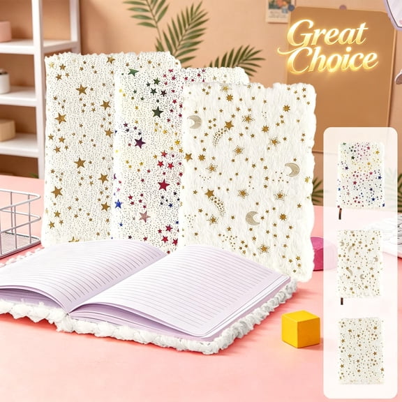 A5 Plush Fuzzy Notebook with Gold Star Design, Soft Furry Cover Journal, Lined Pages for Note-Taking, Journaling & Daily Use, Cute Cozy Fabric Notebook