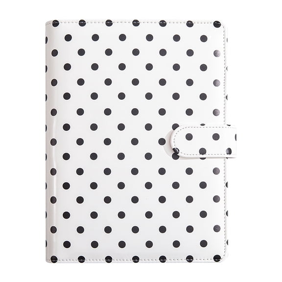 A5 Polka Dot PU Leather Loose Leaf Binder, Refillable 6-Ring Journal with Magnetic Snap Closure, Card Slots & Pen Loop, for Office, Photo Storage, Cash Budget, Travel, White