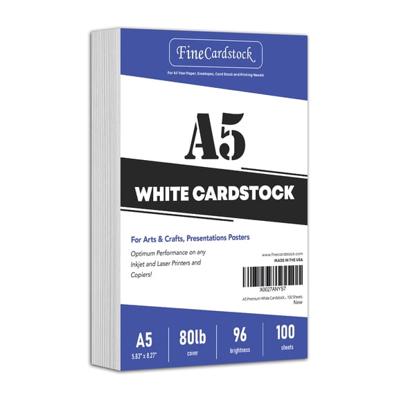 A5 Premium White Cardstock | For Copy, Printing, Writing | 5.83" x 8.27" inches (148 x 210 mm - Half of A4) | Full ream of 100 Sheets | 80lb