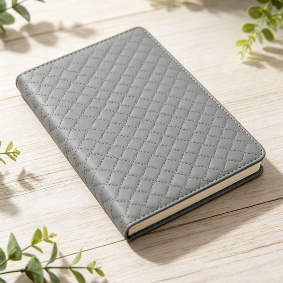 A5 Quilted Leather Notebook Lay Flat Binding 200 Lined Pages, Premium Business Journal with Ribbon Bookmark for Daily Use Travel Journaling & Meeting Minutes, Gray, By Harlik