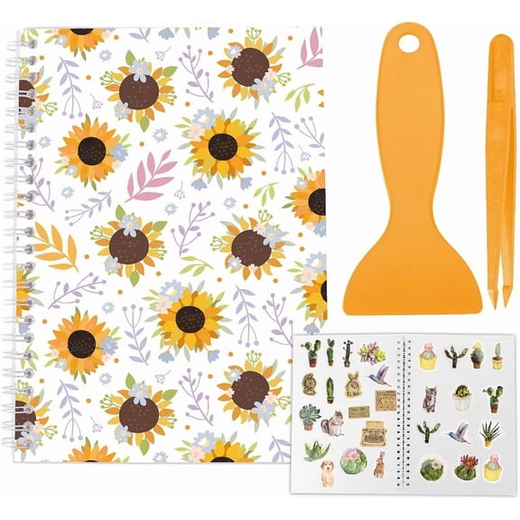 A5 Reusable Sticker Book Storage with Scraper and Tweezer 40 Sheets Release Paper Waterproof Blank Stickers Organizer Saver Holder Keeper Album Sunflowers Clear Cover for Labels Storaging Mixed Color
