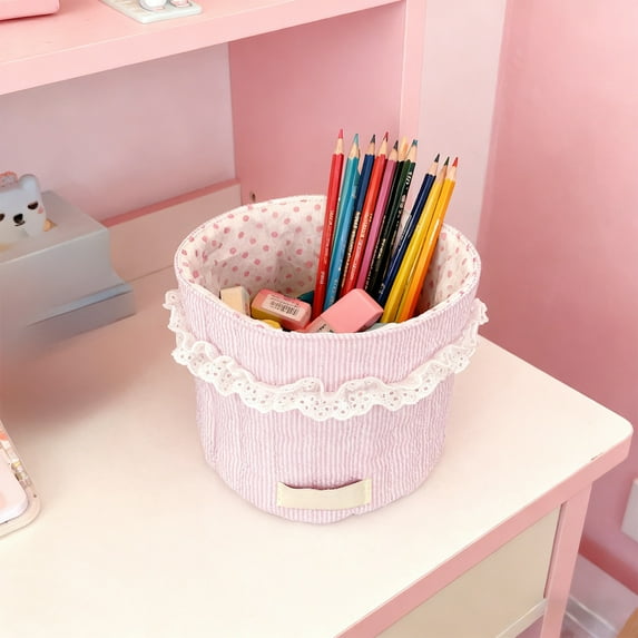 A5 Size Fabric Storage Basket, Cylindrical Desktop Organizer with Lace Trim for Stationery, Cosmetics, Snacks, Foldable Home Decor Bin