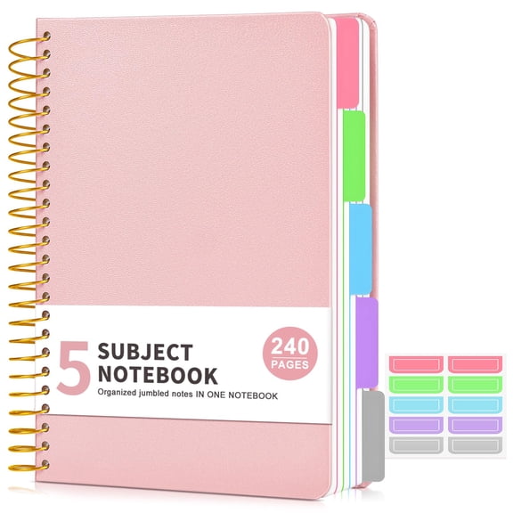 A5 Spiral Notebook 5 Subject College Ruled with Removable Pocket Dividers, 240 Pages Lined Journal for Work Office, 6x8.5 Inch Hardcover Notebook Pink
