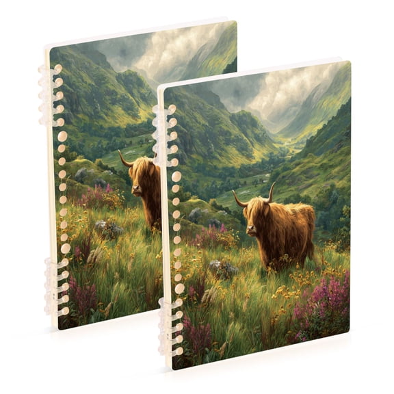 A5 Spiral Notebook 60 Sheets Diary Removable & Adjustable Wire Binding Journey Note 80g Paper Cow in Green Rolling Hills 2PCS
