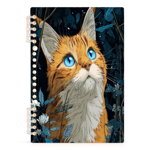 A5 Spiral Notebook 60 Sheets Diary Removable & Adjustable Wire Binding Journey Note 80g Paper Orange Cat with Blue Eyes 1PCS