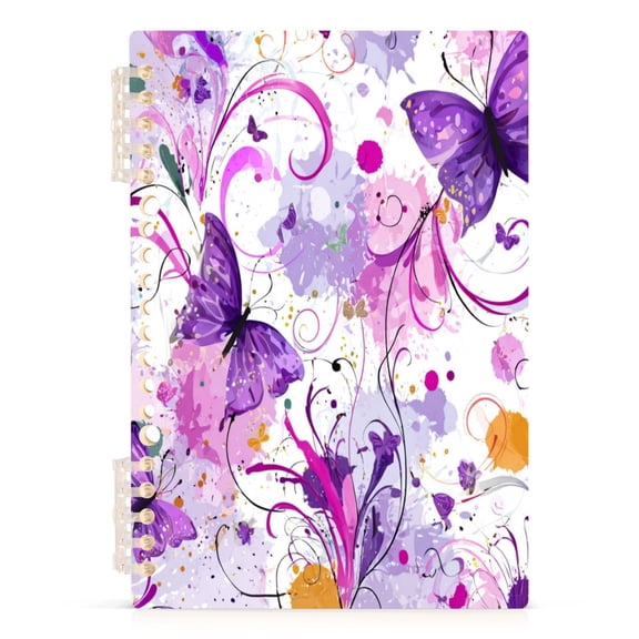 A5 Spiral Notebook 60 Sheets Diary Removable & Adjustable Wire Binding Journey Note 80g Paper Purple Butterfly with Swirls 1PCS