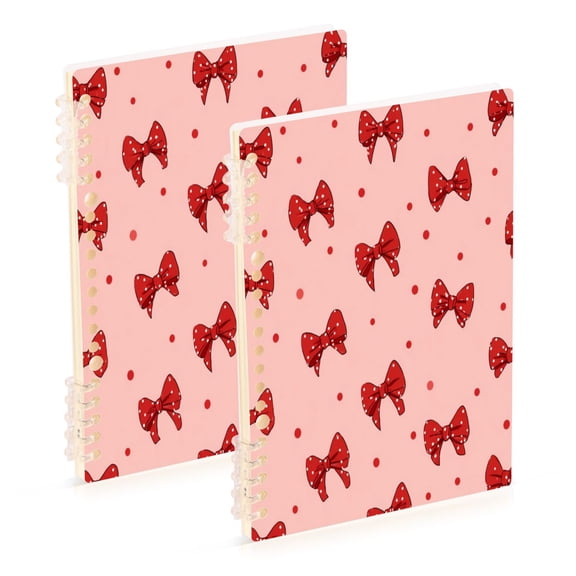 A5 Spiral Notebook 60 Sheets Diary Removable & Adjustable Wire Binding Journey Note 80g Paper Red Bows and Polka Dots 2PCS