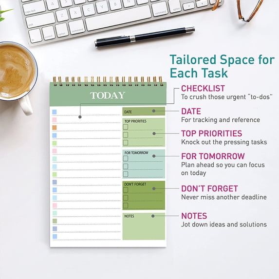 A5 Spiral Notebook | Daily Planner & To-Do List Notepad | Undated 52-Page Organizer for Tasks, Schedules & Notes | 8.66x5.51 Inch Portable Student Office Journal