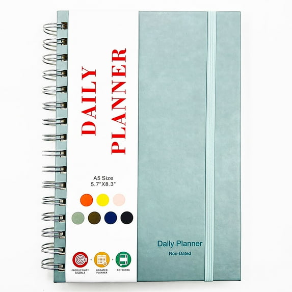 A5 Spiral Planner with Inner Pockets - Undated Daily Planner Notebook for Work & School, 100 Pages PU Leather Hardcover, To-Do List & Hourly Schedule Organizer