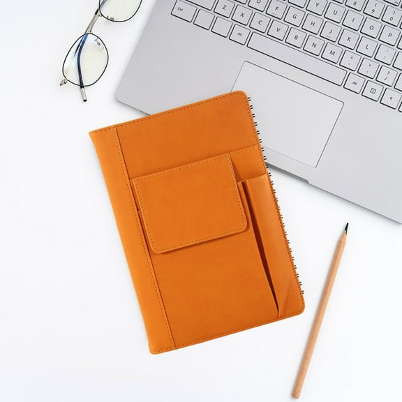 A5 Thick Notebook | Heavy-Duty Notepad With Faux Leather Cover | 3 Pocket Organizer | Portable 8.5x5.7 in | 80g Bleed-Resistant Paper | Flat Lay 180° | Built-In Bookmark | Brown Blue Gray Orange