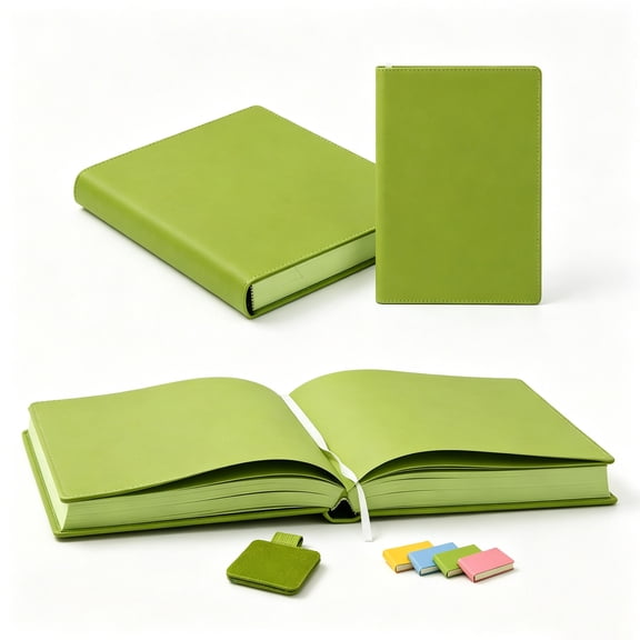 A5 Thick Writing Journal 720 Pages, Green PU Leather Hardcover Color Brick Notebook with Pastel Paper, Sticky Tabs for Diary, Planner