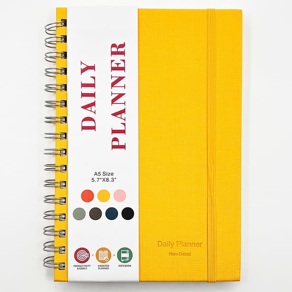 A5 Undated Daily Planner Notebook with Hourly Schedule 6AM-9PM, Spiral-Bound Goal Organizer with Elastic Closure and To-Do Lists, Superior Paper for Work and Time Management, Yellow, By Harlik