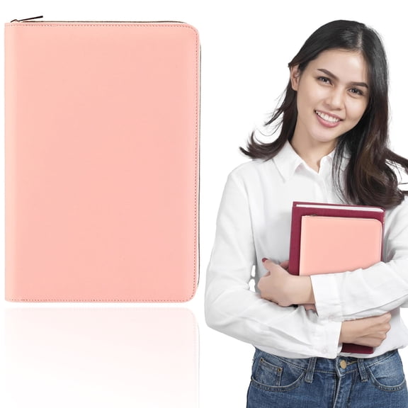 A5 Zip PU Leather Notebook Padfolio, Multi Card Pocket 6 Ring Refillable Binder Organizer, Zipper Closure Journal Wallet Planner with Pen Slot for Business Travel Office Daily Record, Pink