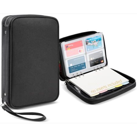 A5 Zipper Binder 6 Ring, Black Personal Planner Cover, Refillable Notebook Shell for Budget Journal File Photo Card Organizer