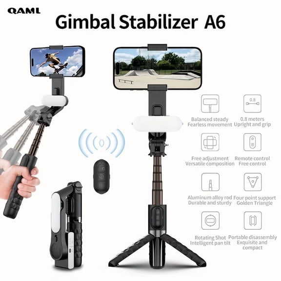 A6 1-Axis Smartphone Gimbal Stabilizer with Wireless Remote, Selfie Stick Tripod, 400mAh Battery, USB Charging for iPhone Android