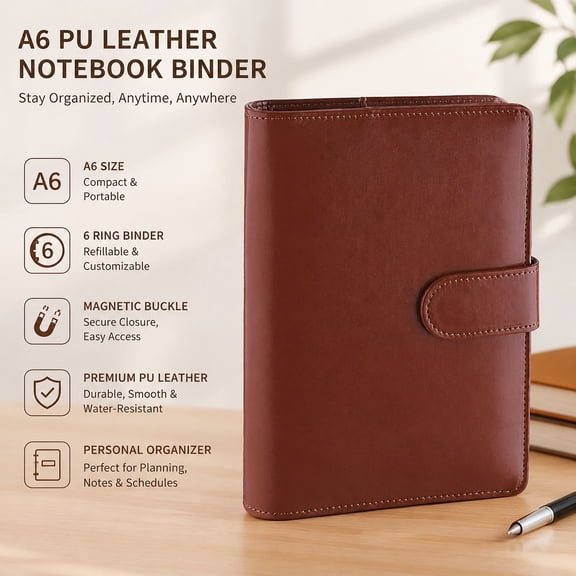 A6 6-Ring Refillable Binder PU Leather Budget Planner Wallet Money Organizer with Magnetic Closure Brown