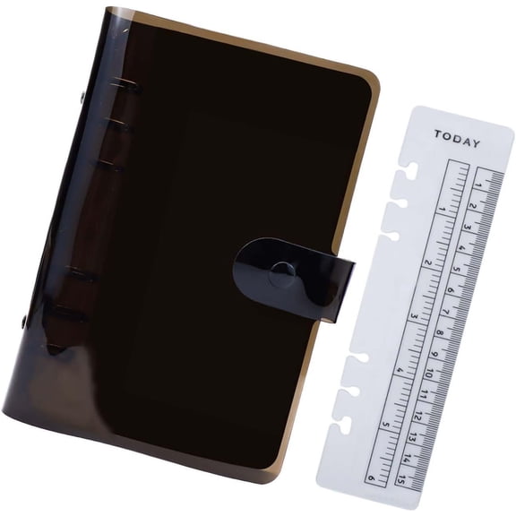A6 Binder Cover 6 Ring Binder Black Soft PVC Planner Protector Notebook Shell with Snap Button Closure 1 count Binder Ruler Loose Leaf Folder (Personal A6)
