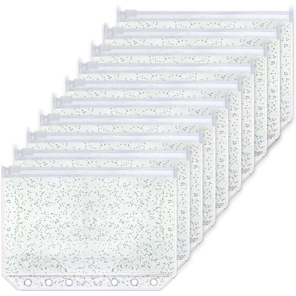 A6 Binder Pockets Glitter PVC Zipper Pouches Budget Money Envelopes Clear Zipper Folders,Waterproof Loose Leaf Binder Pockets Budget Money Envelopes for Schl Office Home Organization Loose Leaf Bags