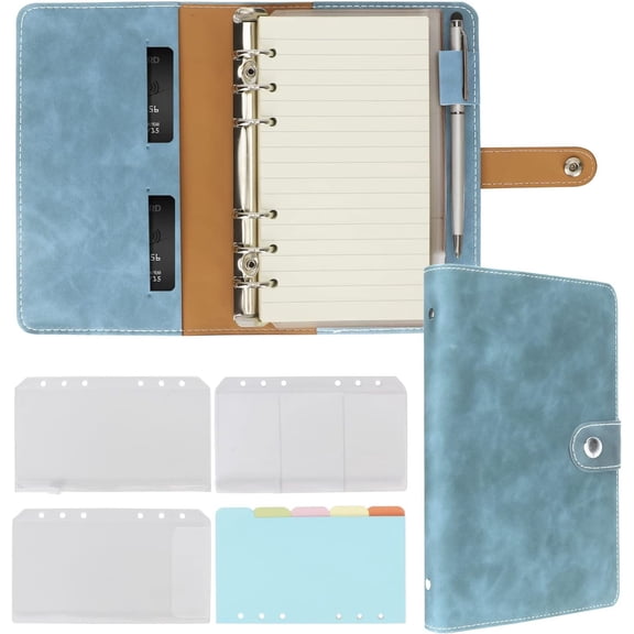 A6 Binder Refillable Planner Notebook 6 Ring PU Leather Binder Journal with Pockets, Dividers, Refill Paper Blue