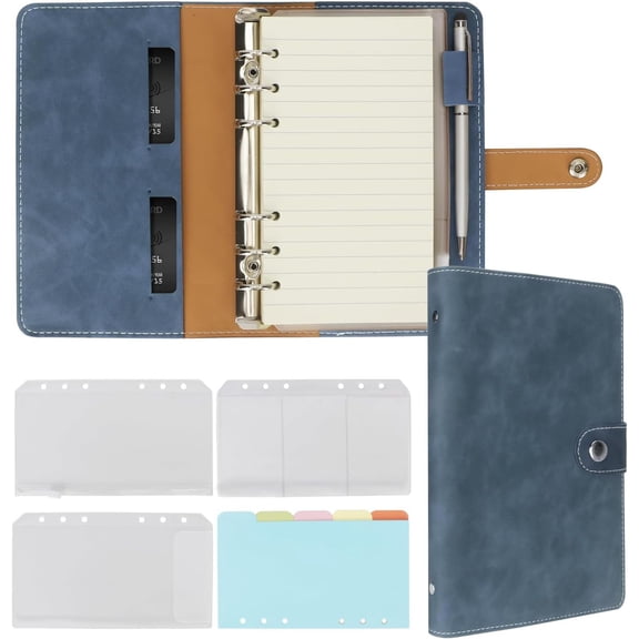 A6 Binder Refillable Planner Notebook 6 Ring PU Leather Binder Journal with Pockets, Dividers, Refill Paper Navy